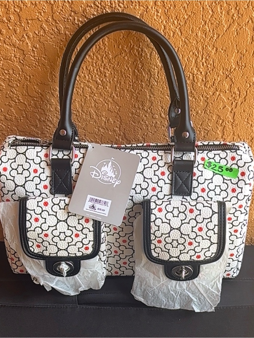 Disney White Patterned Tote with Black Trim and Red Dot Accents